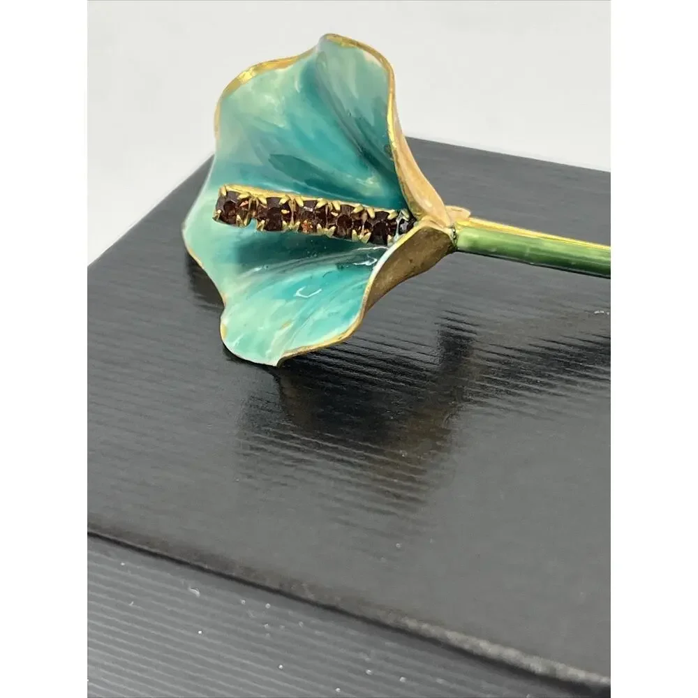 Sandor Vintage Brooch Gold Tone Enamel Green Blue Flower Amber Tone Rhinestone
